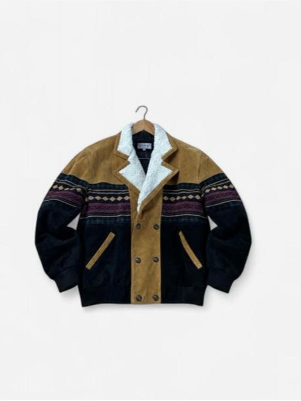Vintage Leather Suede 90s Aztec Western Jacket Sherpa Lined Bomber Shearling Lg
